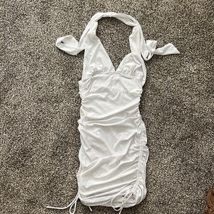 white sinched mini dress (tie top)